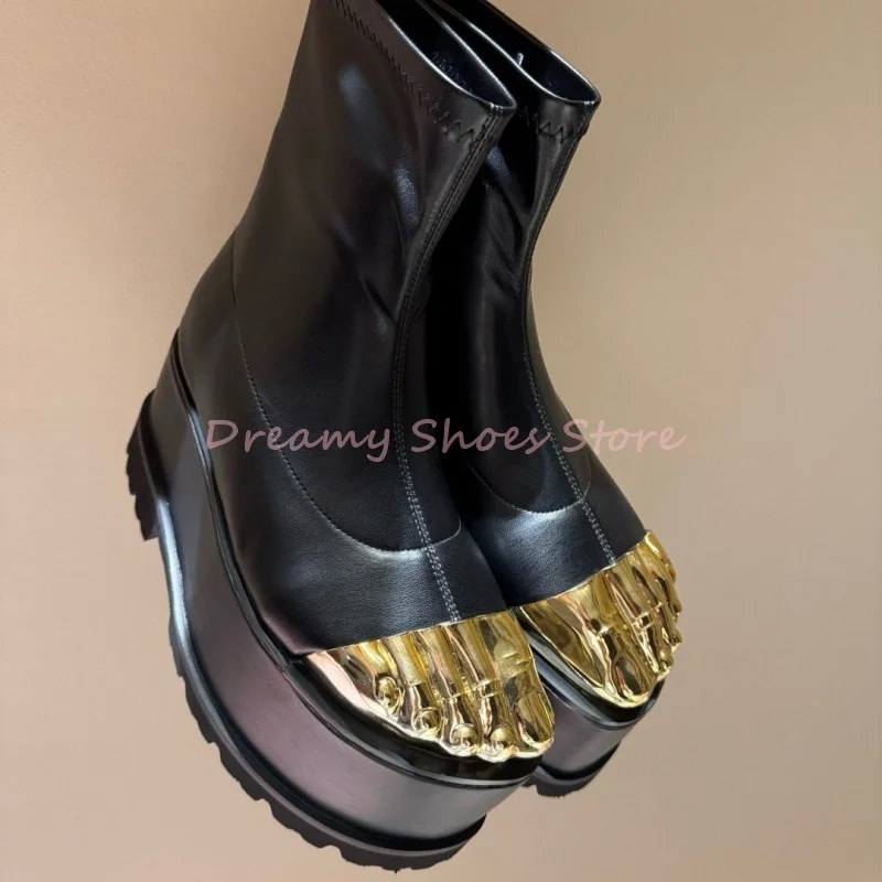 bottines mi mollet à plateforme dorée à cinq orteils pour femme, bottines de luxe en cuir avec fermeture éclair au dos, décoration en métal, mode automne hiver bottines mi mollet à plateforme dorée à cinq orteils pour femme, bottines de luxe en cuir avec fermeture éclair au dos, décoration en métal, mode automne hiver