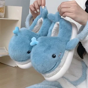 Pantoufles de maison douces et moelleuses pour femmes, confortables, antidérapantes, mignonnes baleines, décontractées, chaussures d&rsquo;intérieur de dessin animé Kawaii pour la maison