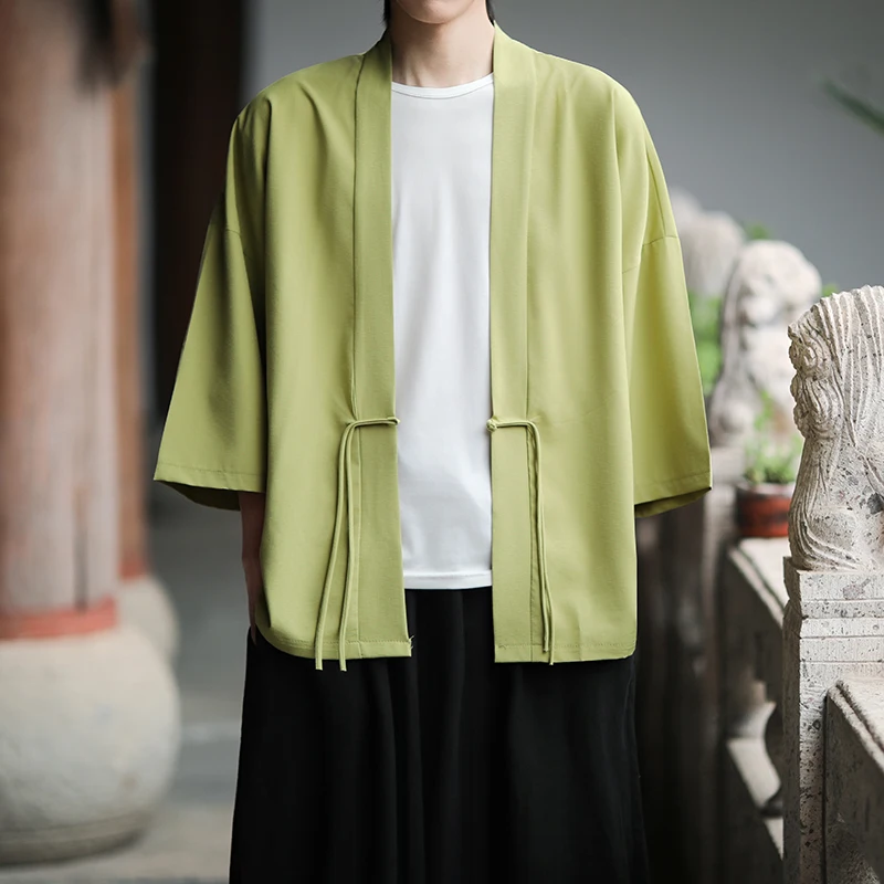 Ensemble de tenue d’été de Style chinois, respirant, couleur unie, manches 3/4, bouton de nœud, chemise Kimono Combo, coupe ample, vêtements de Fusion asiatique 5XL Ensemble de tenue d’été de Style chinois, respirant, couleur unie, manches 3/4, bouton de nœud, chemise Kimono Combo, coupe ample, vêtements de Fusion asiatique 5XL