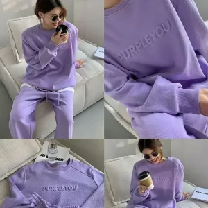 Ensemble sportif violet décontracté pour femmes, nouvelle mode printemps-automne 2021, sweat-shirt ample, pantalon Long, ensemble deux pièces, atmosphère élégante Ensemble sportif violet décontracté pour femmes, nouvelle mode printemps-automne 2021, sweat-shirt ample, pantalon Long, ensemble deux pièces, atmosphère élégante