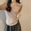 t shirt blanc à manches longues pour femmes, haut court en arête de poisson, design amincissant, lisse, silhouette, filetage, couche de base en velours