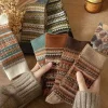 chaussettes de style ethnique japonais pour hommes et femmes, vintage, couleur maillard, mi tube, imprimées à rayures, amples, automne et hiver