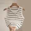 nouveau gilet tenue de femme rayé large bord tempérament haut d'été court tricot sans manches bas chemise