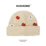 Chapeau tricoté à fleurs brodées douces japonaises, mode automne et hiver, bonnet polyvalent à grande tête, crâne chaud pour femmes