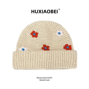 Chapeau tricoté à fleurs brodées douces japonaises, mode automne et hiver, bonnet polyvalent à grande tête, crâne chaud pour femmes
