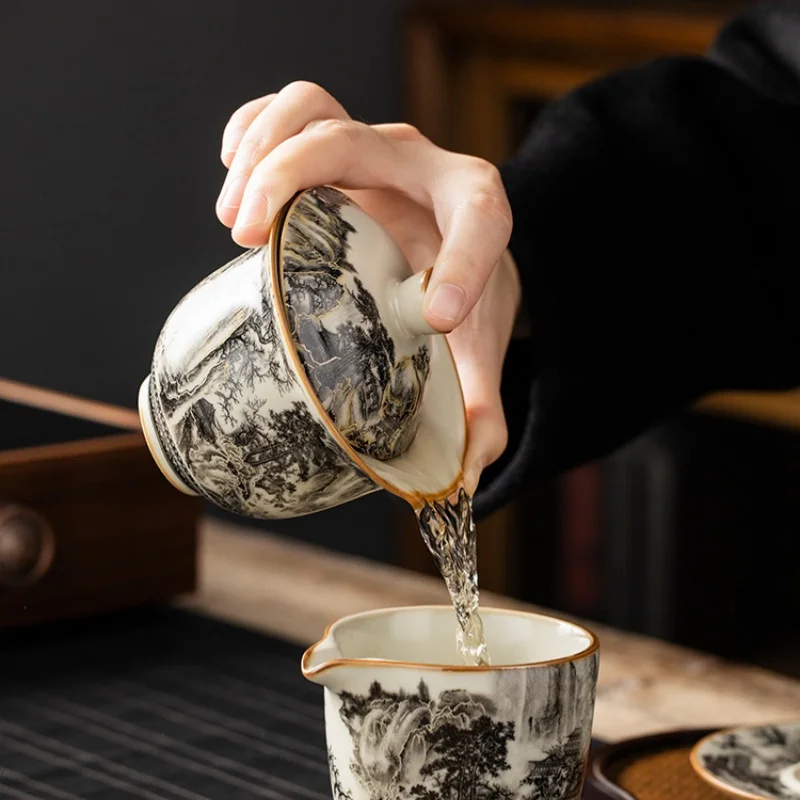 ensemble gaiwan en porcelaine de paysage de four ru, soupière à thé, tasse à thé, bols à thé d'ouverture en céramique jaune chinoise, cérémonie du thé, 160ml ensemble gaiwan en porcelaine de paysage de four ru, soupière à thé, tasse à thé, bols à thé d'ouverture en céramique jaune chinoise, cérémonie du thé, 160ml