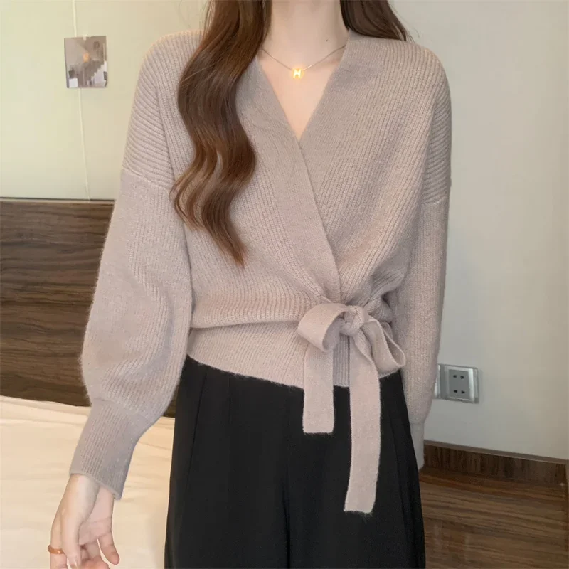 cardigan portefeuille tricoté pour femmes, avec cravate latérale, surplis sur le devant, veste pull, automne hiver, mode élégante pour dames cardigan portefeuille tricoté pour femmes, avec cravate latérale, surplis sur le devant, veste pull, automne hiver, mode élégante pour dames