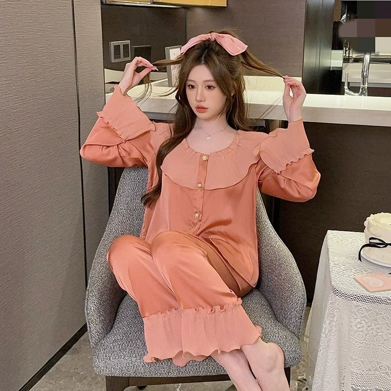 pyjama en soie glacée pour femme, manches longues, mignon, nouveau style, soie fine, à volants, chemise et pantalon, vêtements de détente, printemps automne pyjama en soie glacée pour femme, manches longues, mignon, nouveau style, soie fine, à volants, chemise et pantalon, vêtements de détente, printemps automne