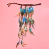 bandeau long en plumes bleues et brunes pour femmes, style bohème, festival ethnique, fête hippie, cuir, perles en bois, accessoires bijoux pour cheveux