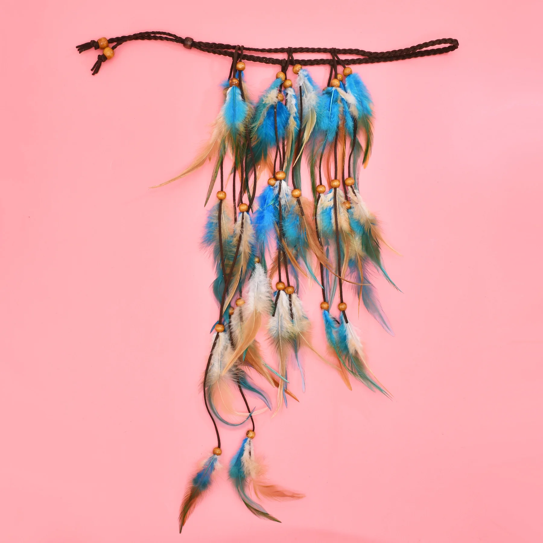 bandeau long en plumes bleues et brunes pour femmes, style bohème, festival ethnique, fête hippie, cuir, perles en bois, accessoires bijoux pour cheveux bandeau long en plumes bleues et brunes pour femmes, style bohème, festival ethnique, fête hippie, cuir, perles en bois, accessoires bijoux pour cheveux