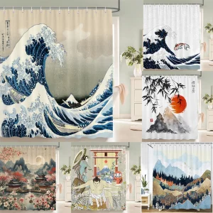 Rideau de douche de style japonais, peinture à l&rsquo;encre 3d, rideau de salle de bains imperméable avec crochets, rideau de douche en tissu Polyester 180x240CM