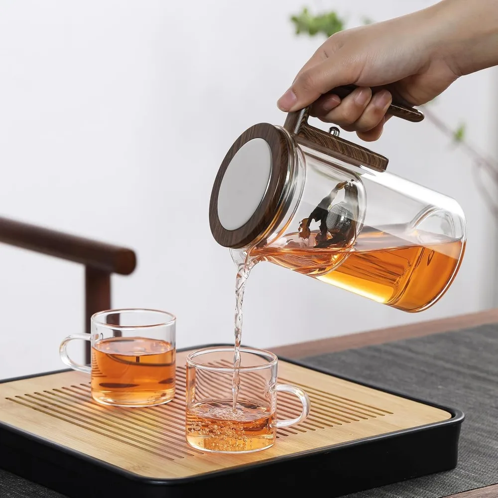 théière en verre avec filtre, manche en bois, interrupteur magnétique en un clic, filtration de séparation du thé, adaptée aux cadeaux de famille et aux bureaux théière en verre avec filtre, manche en bois, interrupteur magnétique en un clic, filtration de séparation du thé, adaptée aux cadeaux de famille et aux bureaux