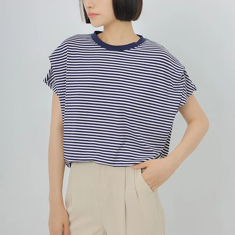 t shirt rayé japonais en coton pour femmes, ample, manches chauve souris, haut tricoté pour femmes t shirt rayé japonais en coton pour femmes, ample, manches chauve souris, haut tricoté pour femmes