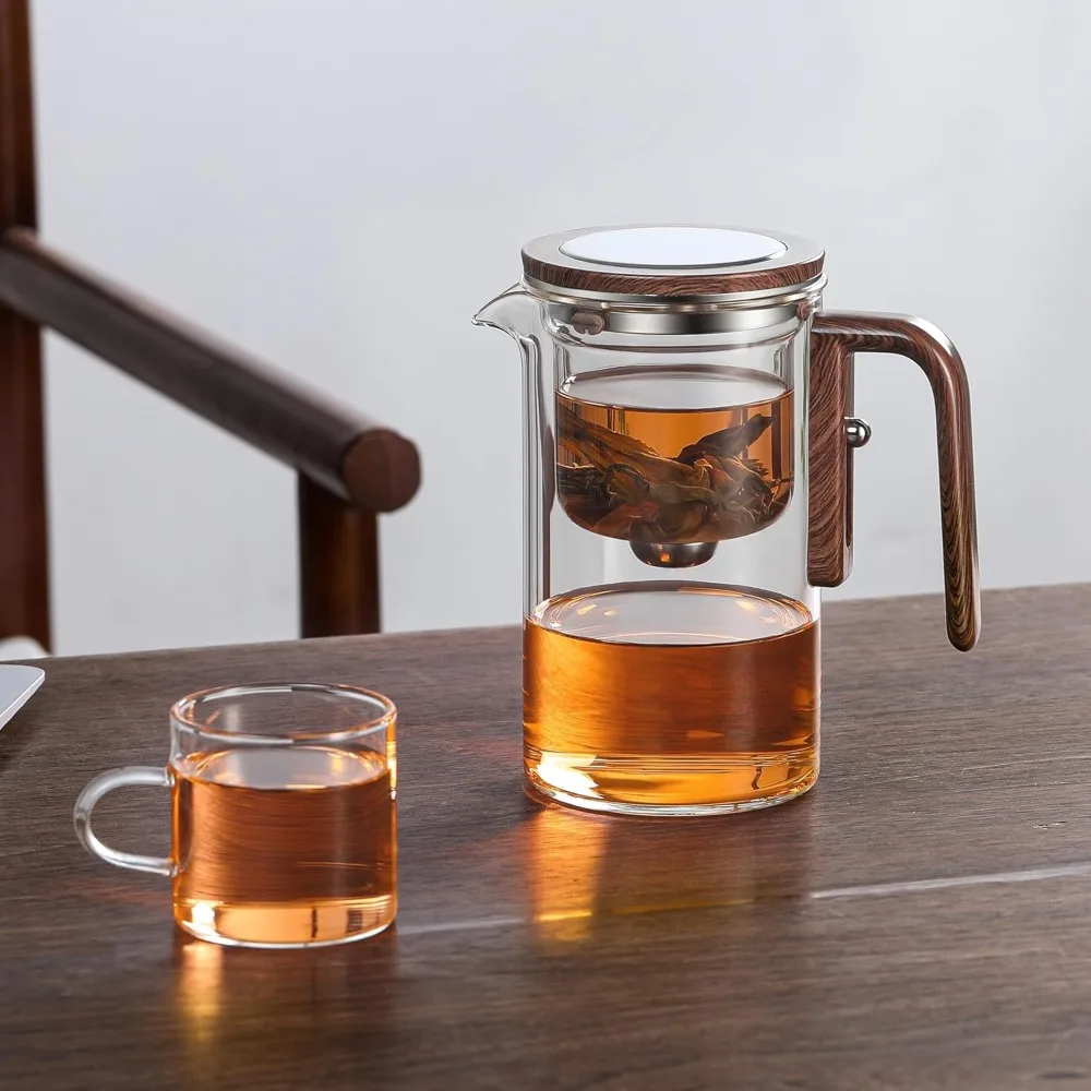 théière en verre avec filtre, manche en bois, interrupteur magnétique en un clic, filtration de séparation du thé, adaptée aux cadeaux de famille et aux bureaux théière en verre avec filtre, manche en bois, interrupteur magnétique en un clic, filtration de séparation du thé, adaptée aux cadeaux de famille et aux bureaux