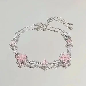 Bracelets en fleurs de cerisier en cristal rose brillant pour femmes et filles, doux nœud de lune, fleurs en Zircon, bijoux de fête esthétiques Egirl Bracelets en fleurs de cerisier en cristal rose brillant pour femmes et filles, doux nœud de lune, fleurs en Zircon, bijoux de fête esthétiques Egirl