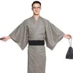 Été gris japonais traditionnel samouraï Kimono pour hommes Yukata Robe de bain Hekoobi Style ample Homewear ceinture longue Robe coton