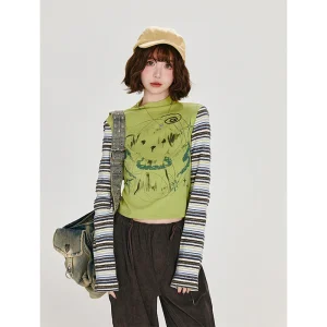 Harajuku rayé t-shirts femmes Vintage Streetwear imprimé Patchwork culture hauts automne Y2K Grunge à manches longues mince conception t-shirts nouveau