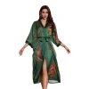 peignoir kimono en satin pour femme, vêtements de nuit, grue verte, imprimé, lingerie
