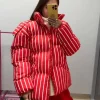 veste matelassée rayée pour femme, manteau épais à capuche, simple boutonnage, manches longues, décontracté, chic, ample, vêtements d'extérieur, nouvelle collection hiver 2025
