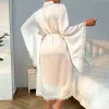 longue robe de mariée Élégante en dentelle pour femme, vêtements de nuit, kimono à manches sulf, tenue de maison en rayonne blanche douce