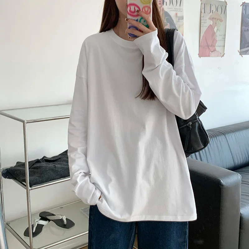 Blanc couleur Pure femmes T-shirt étudiant début automne à manches longues débardeur Style décontracté Polyester tissu confortable coupe ajustée Blanc couleur Pure femmes T-shirt étudiant début automne à manches longues débardeur Style décontracté Polyester tissu confortable coupe ajustée