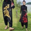 2025 chine dragon broderie bloomers pantalon noir femmes style ethnique national vintage harajuku sarouel pantalon baggy décontracté