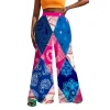 pantalon taille haute à jambes larges imprimé feuilles bleues tropicales pour femmes, vêtements de plage de vacances