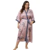 robe kimono longue surdimensionnée pour femmes, peignoir en satin imprimé, col en v, ample, chemise de nuit avec ceinture, rayonne, vêtements de détente