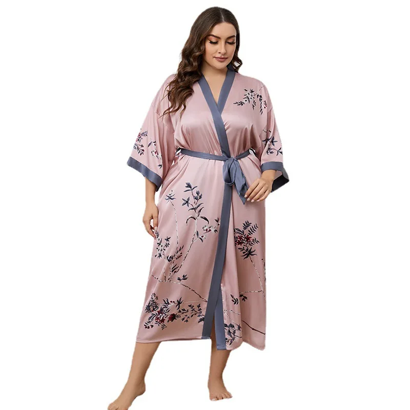 robe kimono longue surdimensionnée pour femmes, peignoir en satin imprimé, col en v, ample, chemise de nuit avec ceinture, rayonne, vêtements de détente robe kimono longue surdimensionnée pour femmes, peignoir en satin imprimé, col en v, ample, chemise de nuit avec ceinture, rayonne, vêtements de détente