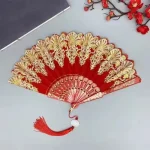 Éventail ancien chinois pliant en plastique, éventail Hanfu pour femmes, décoration de maison japonaise, danse noire et rouge, éventail pliant pour fête de mariage