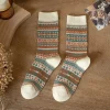 chaussettes de style ethnique japonais pour hommes et femmes, vintage, couleur maillard, mi tube, imprimées à rayures, amples, automne et hiver