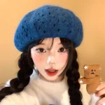 Bérets tricotés pour femmes, rétro bleu coréen, Design de trous de personnalité, automne hiver, chaud, décontracté, polyvalent, chapeaux de peintre littéraire