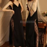 Kimono dos nu en satin pour femme, robe de nuit sexy, chemise de nuit en patchwork de dentelle, vêtements de détente ultra longs