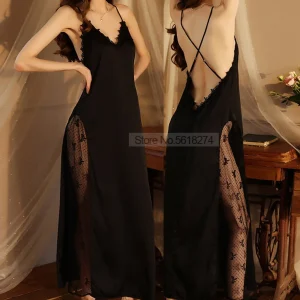 Kimono dos nu en satin pour femme, robe de nuit sexy, chemise de nuit en patchwork de dentelle, vêtements de détente ultra longs Kimono dos nu en satin pour femme, robe de nuit sexy, chemise de nuit en patchwork de dentelle, vêtements de détente ultra longs