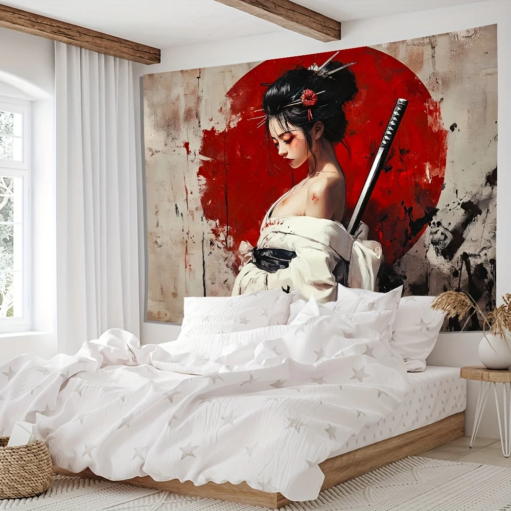 fond de samouraï japonais, kimono blanc avec tapisserie d'épée, revêtement mural décoratif pour femme, accent floral rouge, salon fond de samouraï japonais, kimono blanc avec tapisserie d'épée, revêtement mural décoratif pour femme, accent floral rouge, salon