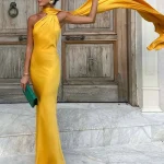 Robe élégante à col licou pour femmes, couleur unie, épaules dénudées, sans manches, dos nu, Slim, Maxi, Robes de soirée, été, automne, 2025 Robe élégante à col licou pour femmes, couleur unie, épaules dénudées, sans manches, dos nu, Slim, Maxi, Robes de soirée, été, automne, 2025