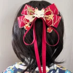 Épingle à cheveux à nœud rouge avec glands, décor de renard, Long ruban, Style célébration du nouvel an chinois, pince à cheveux avec nœud de dessin animé, accessoire pour cheveux
