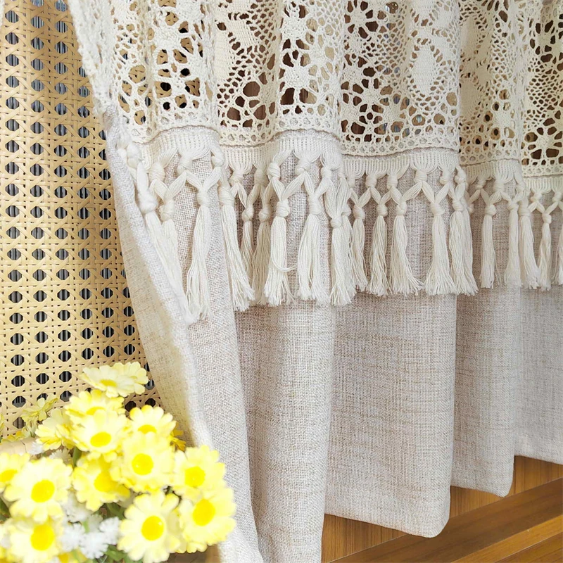 rideau court en dentelle géométrique creuse, café léger simple japonais avec pompon beige, pour salon, chambre à coucher, baie vitrée rideau court en dentelle géométrique creuse, café léger simple japonais avec pompon beige, pour salon, chambre à coucher, baie vitrée