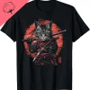 tatouage de chat samouraï japonais, t shirt chat ninja kawaii, vêtements de rue cool et décontractés pour hommes, hauts camisetas