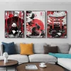 affiche d'esprit japonais moderne noir et rouge, geisha samouraï chat mont fuji, peinture sur toile, art mural pour décoration de salon et de maison