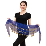 Écharpe de hanche pour danse du ventre, pièces de monnaie de couleur or, trois couches en mousseline de soie, chaîne de taille, facile à porter, réglable Écharpe de hanche pour danse du ventre, pièces de monnaie de couleur or, trois couches en mousseline de soie, chaîne de taille, facile à porter, réglable