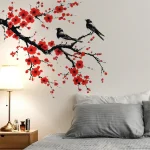 Autocollants muraux en fleurs de cerisier japonais Sakura, Style chinois à l&rsquo;encre, pour salon, décoration de la maison, papier peint auto-adhésif