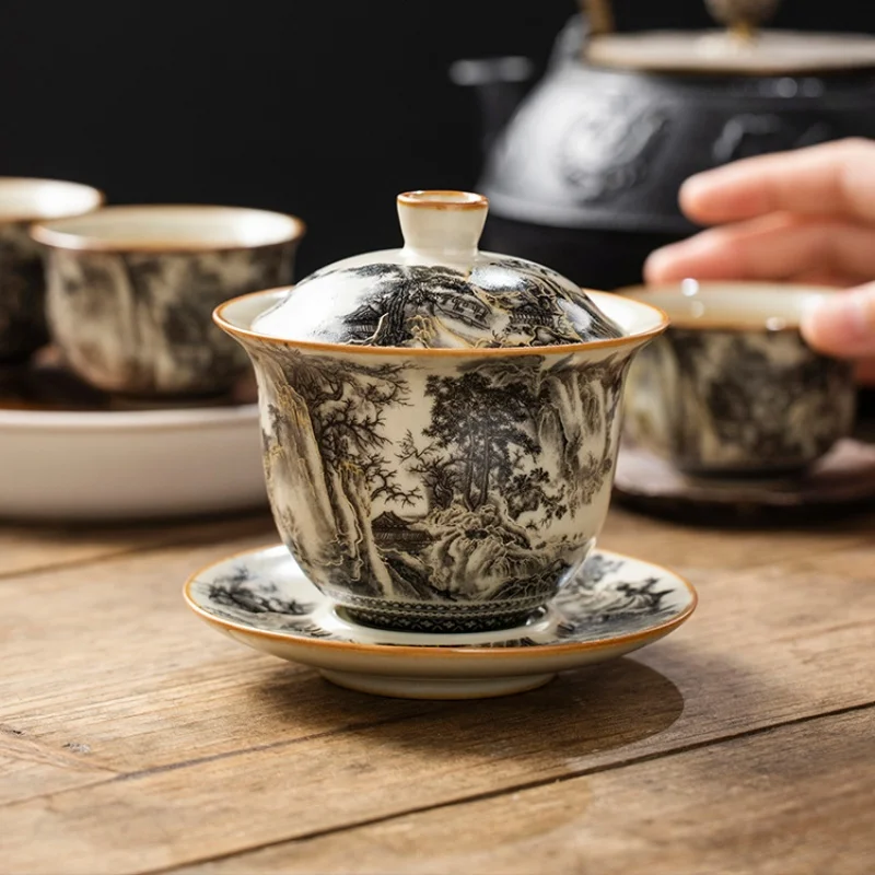 ensemble gaiwan en porcelaine de paysage de four ru, soupière à thé, tasse à thé, bols à thé d'ouverture en céramique jaune chinoise, cérémonie du thé, 160ml ensemble gaiwan en porcelaine de paysage de four ru, soupière à thé, tasse à thé, bols à thé d'ouverture en céramique jaune chinoise, cérémonie du thé, 160ml