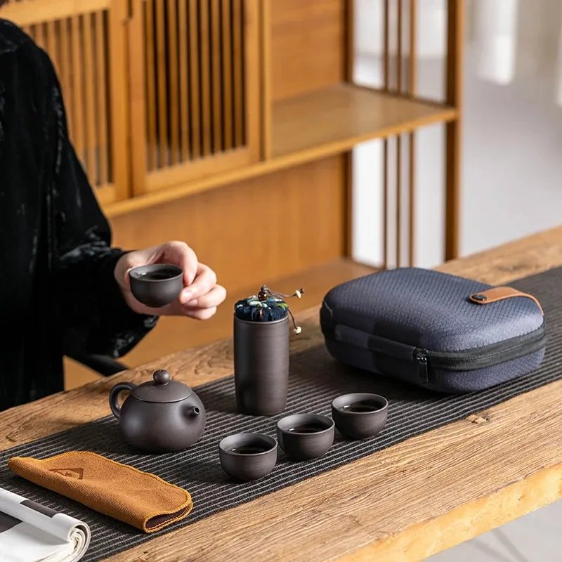 Un Pot d’argile violette quatre tasses service à thé Portable en plein air service à thé de voyage cadeau pour les amis Un Pot d’argile violette quatre tasses service à thé Portable en plein air service à thé de voyage cadeau pour les amis