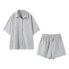 ensemble chemise et short à rayures pour femmes, ample, simple boutonnage, haut à manches courtes, taille haute, cordon de serrage, pantalon court, vêtements de plage, été 2025