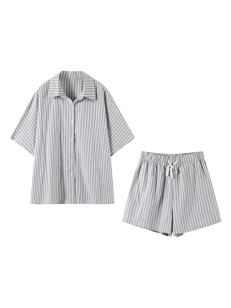 ensemble chemise et short à rayures pour femmes, ample, simple boutonnage, haut à manches courtes, taille haute, cordon de serrage, pantalon court, vêtements de plage, été 2025 ensemble chemise et short à rayures pour femmes, ample, simple boutonnage, haut à manches courtes, taille haute, cordon de serrage, pantalon court, vêtements de plage, été 2025