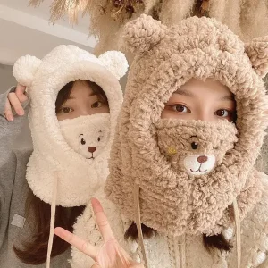 Adorable Style coréen pour femmes, chapeau chaud coupe-vent, écharpe, masque de Protection des oreilles, chapeau intégré pour l&rsquo;automne et l&rsquo;hiver