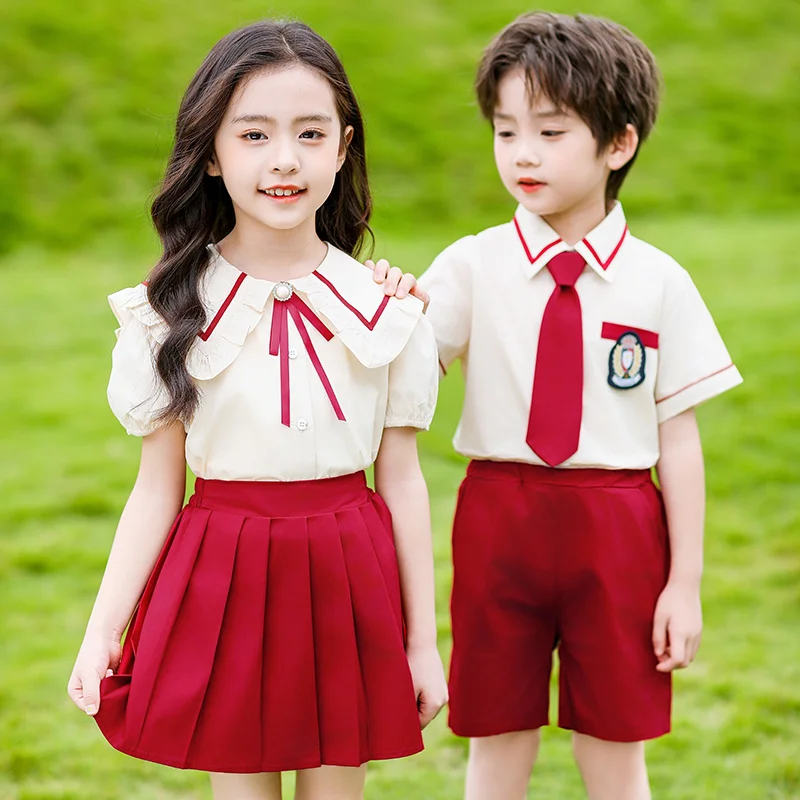 Uniforme scolaire japonais coréen pour enfants, ensemble chemise, short, jupe, costume à fleurs, tenue pour enfants, jumeaux, garçon et fille, vêtements de danse sur scène Uniforme scolaire japonais coréen pour enfants, ensemble chemise, short, jupe, costume à fleurs, tenue pour enfants, jumeaux, garçon et fille, vêtements de danse sur scène