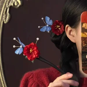 Pince à cheveux à pompon fleur rouge, épingle à cheveux Hanfu rétro en perles, nouveau Style chinois Antique, accessoires pour cheveux de mariée, accessoires Cheongsam