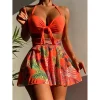 bikinis 3 pièces avec kimono pour femme, maillot de bain taille haute, push up, cover up, imprimé tropical, vêtements de plage, 2023